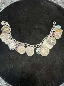 Vintage Sterling Silver Charm Bracelet Travel Religious Chunky 21 Charms 58.2 Gr - Picture 1 of 13