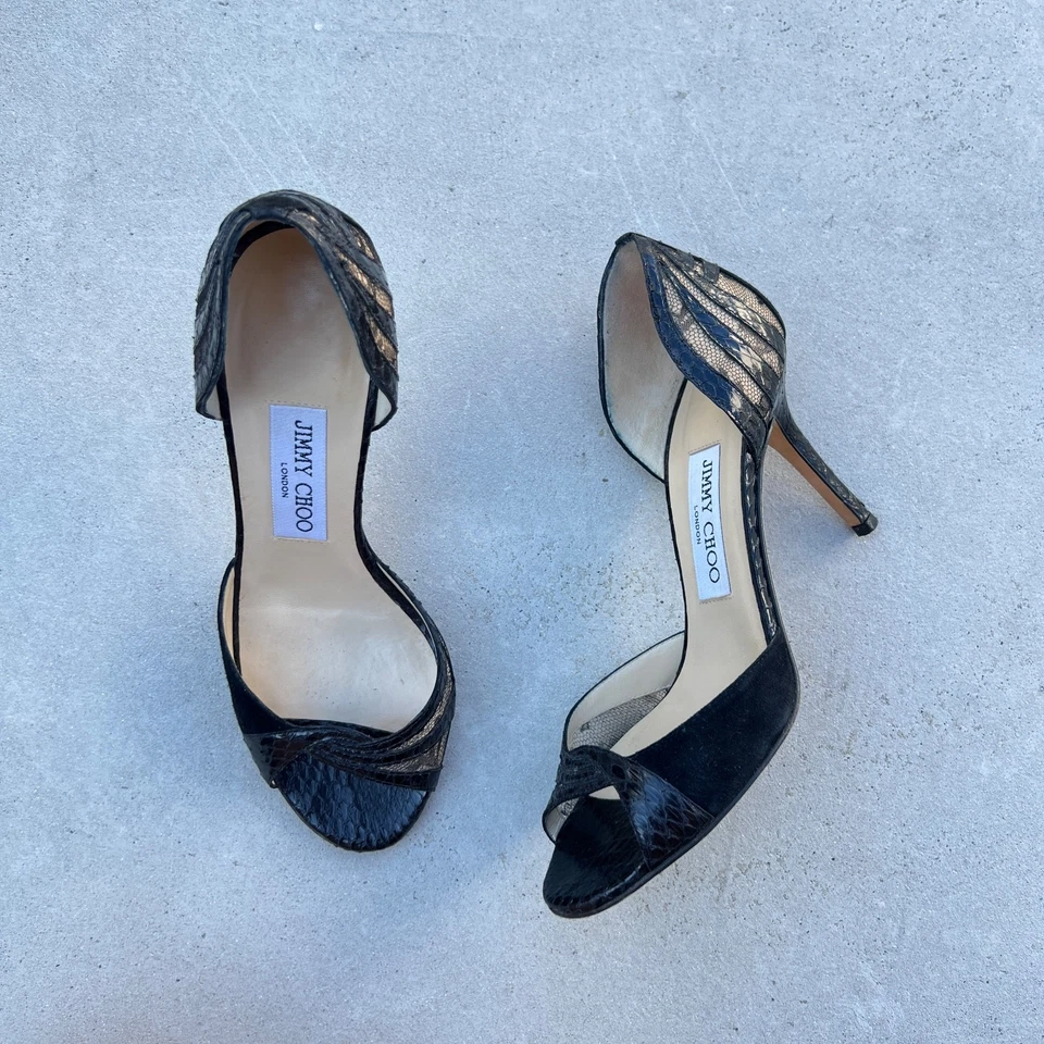 Jimmy Choo | Black Lace Velvet Python Leather D'Orsay Peep Toe Pumps (36.5) - Image 1 of 4