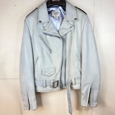 Schott NYC Perfecto Women Medium Light Blue Leather Jacket Distressed Biker - Image 1 of 4