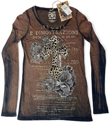 NUEVO CON ETIQUETAS Camiseta Hebilla Terciopelo Piedra Mujer Manga Larga Adornada Cruz Floral Talla S Foto 1 de 4