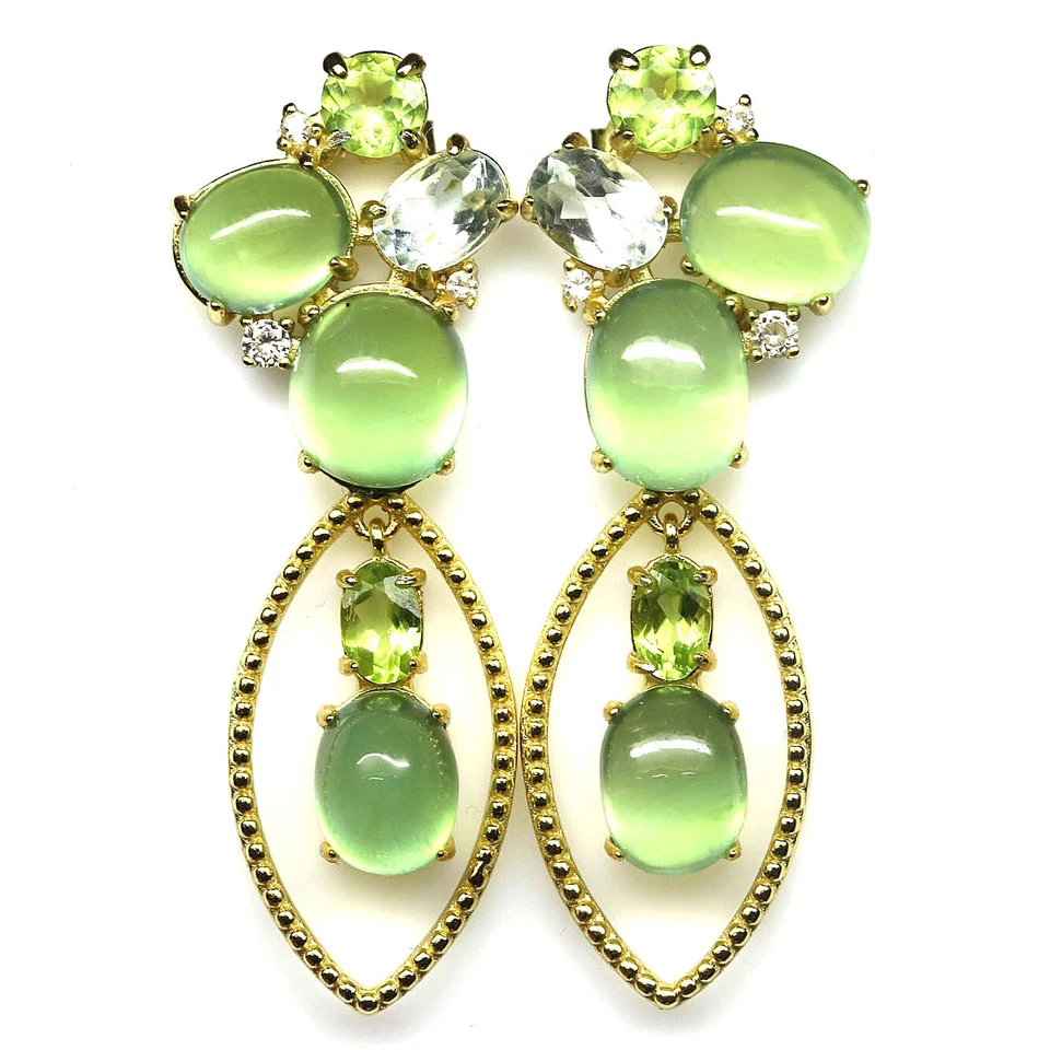 Gemstone Green Prehnite, Peridot & Zircon Earrings 925 Silver 18K Gold - Image 1 of 4