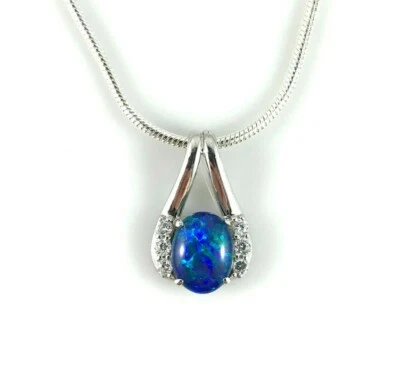 Ciondolo collana opale in argento sterling 925 con zirconi cubici, opale trip... - Immagine 1 di 4