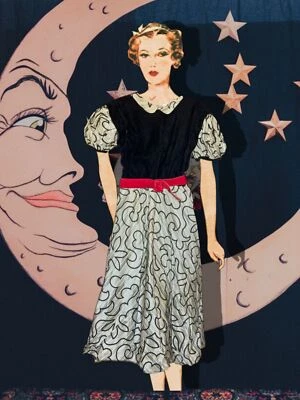 Vintage 1940's Velvet and Flocked Striped Taffeta  Party  Dress  XS Woman Girls - Image 1 of 4