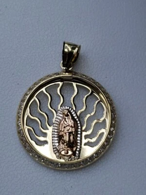 14k Gold Virgin Mary Pendant 1.35 Inch Round  - Image 1 of 4