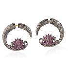 Pave Ruby Diamond Lotus Flower Tunnel Earrings 18K Gold 925 Silver Jewelry