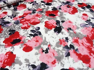 Stoff Baumwolle Stretch Blumen Rosen Design weiß grau rot rosa Kleiderstoff Hose - Bild 1 von 3