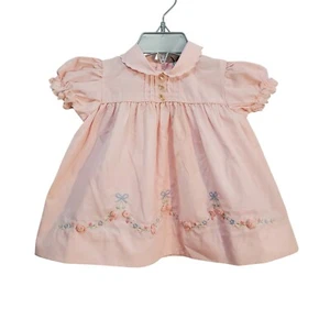 Vintage Baby Dress Pink Floral Embroidered Peter Pan Collar Puff Sleeve 6-9M - Picture 1 of 5