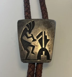 Old HOPI Vintage DARREN SEWEYESTWEA Sterling Silver Overlay BOLO Tie KOKOPELLI - Picture 1 of 9