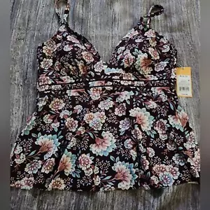 Kona Sol NWT Burgundy Floral Swim Tankini Bikini Top Size Medium - Picture 1 of 9
