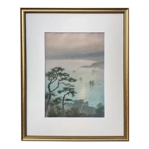 Original Vintage japanisches Aquarell Marine View Segelboote von Fukutaro Terauchi - Bild 1 von 5
