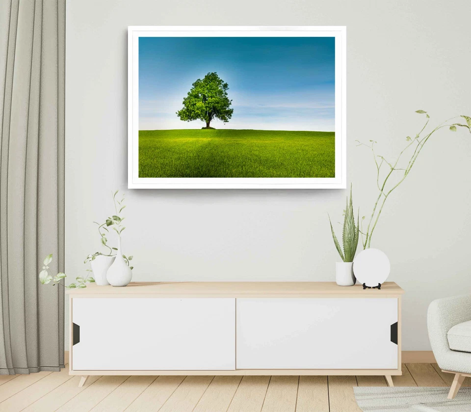 Alone Tree Print,Grass Field Wall Art,Landscape Framed Blue Sky Wall Art,Natural - Image 1 of 1