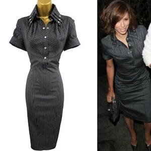 UK 8 Karen Millen Celebrity Eva Navy Pinstripe Shirt Office Cocktail Dress - Picture 1 of 13