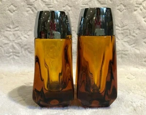 Vintage-Retro Libbey; Amber Glass Shakers with Chrome-Plastic HONK-KONG Caps - Bild 1 von 12