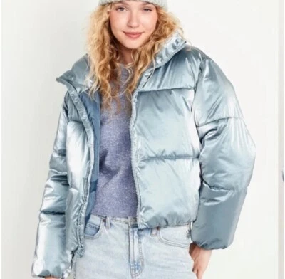 OLD NAVY Water-Resistant Shiny Puffer Jacket Color Dusty Blue Women’s XXL NEW - Image 1 of 4