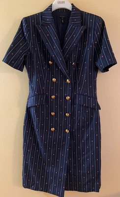 CHAQUETA ESCADA VESTIDO LANA ALGODÓN AZUL MARINO A RAYAS BORDADO DOBLE BOTONADURA 40 Foto 1 de 4