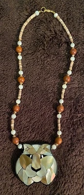 Vintage 1970s Lee Sands Cougar Mosaic Inlaid MOP Pendant Necklace Assorted Beads - Image 1 of 3