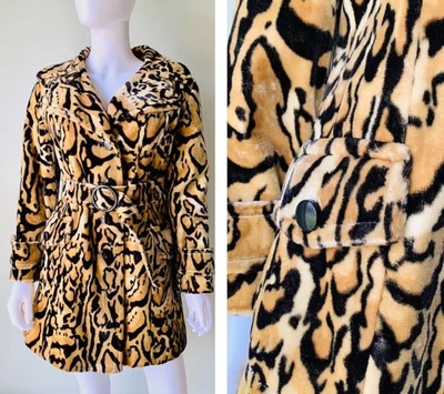 Vintage 60's 70's Faux fur Animal LEOPARD  print Belted MOD coat jacket  LARGE - Image 1 of 4