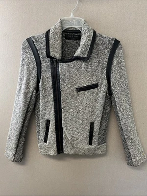 Rag & Bone Black/White CottonBlend Tweed Leather Trim Zip Cardigan Sz S D1206310 - Image 1 of 4