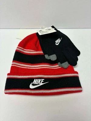 耐克儿童男孩红色多条纹豆帽和手套套装 - (9A3047-U10) - 全新带标签 — 第 1/4 张图片