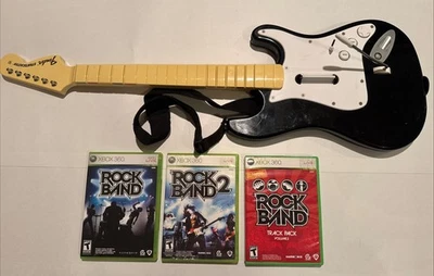 Rock Band Wireless Fender Guitar w/ 3 Games Bundle Xbox 360 tested - Image 1 of 4