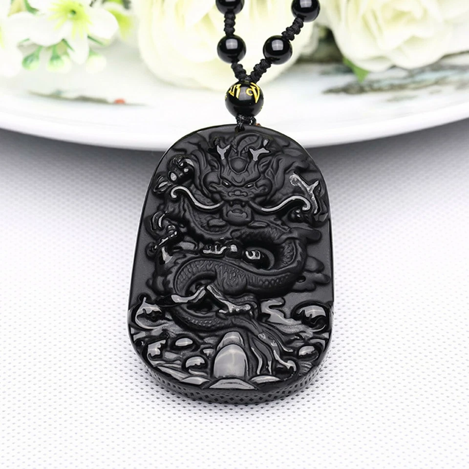 2pcs Natural Black Obsidian Hand Carved Dragon Lucky Bead Pendant Necklace