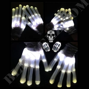 HALLOWEEN Skeleton WHITE LED Flashing Light Up Finger Gloves Skeleton Costume - Picture 1 of 10