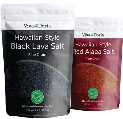 Viva Doria Hawaiian Black Lava Sea Salt + Red Alaea Salt, Fine Grain, Combo Pack