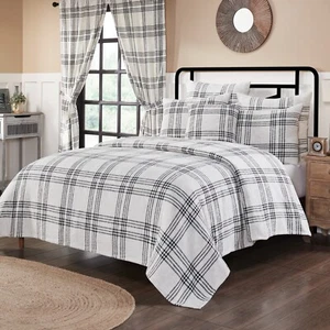 Black Plaid Woven Queen Coverlet Country Cottage Farmhouse 94x94 - Picture 1 of 5