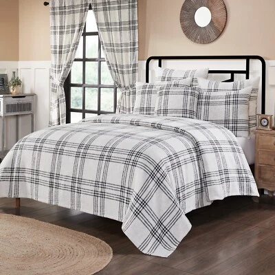 Black Plaid Woven King Coverlet Country Cottage Farmhouse 97x110 - Image 1 of 4