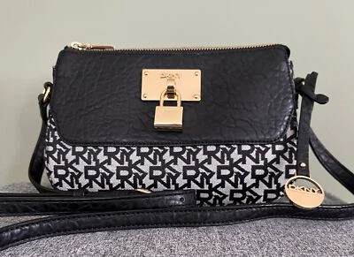 Donna Karan DKNY Heritage Crossbody w Pebbled PU and Lock Plaque, Black & White - Image 1 of 4