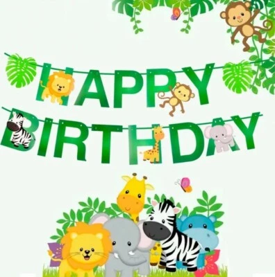 Happy Birthday Jungle Banner Forest Animals Garland Bunting woodland Decoration - image 1 of 4