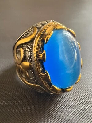 Кольцо из нержавеющей стали ручной работы с голубым агатом серебристое и золотое цвет размер 8 США - Изображение 1 из 4