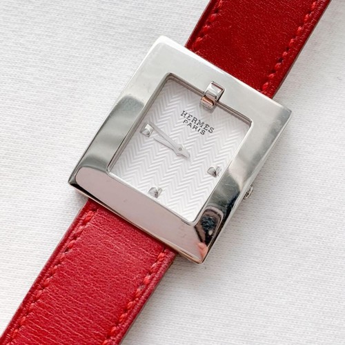 HERMÈS RARO! Orologio da polso Hermes argento quadrante quadrato cintura pelle rossa fuori produzione funzionante