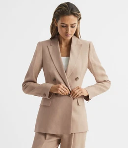 REISS HOLLIE DOUBLE BREASTED LINEN Neutral/Camel BLAZER Jacket UK Size 8 - Picture 1 of 7
