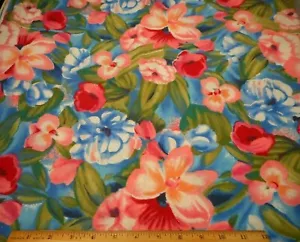 Floral Fabric 1 1/3 Yard Pink Blue White Green on Blue Poly Cotton Vtg #PC - Picture 1 of 2