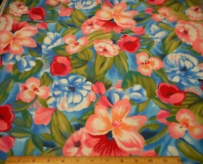 Floral Fabric 1 1/3 Yard Pink Blue White Green on Blue Poly Cotton Vtg #PC - Image 1 of 2