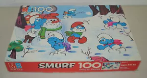 Vintage Smurf 100 Piece Puzzle 16x11 MB 1982 Winter Scene Snow Complete - Picture 1 of 4