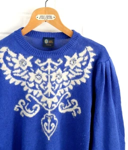 Vintage 80's 90's C&A Wool Angora Blend Floral Embellished Jumper Large Blue - Picture 1 of 7