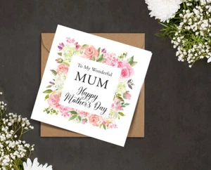 Tarjeta DÍA DE LA MADRE mi maravillosa MAMÁ Mamá Nana rosa blanco ROSAS marco cuadrado floral - Imagen 1 de 15