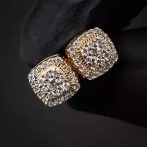 2Ct Round Cut Real Moissanite Men's Cluster Stud Earrings14K Yellow Gold Plated - Picture 1 of 8