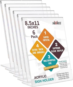 6Pack 8.5X11 Acrylic Sign Holder with Vertical Slanted Back, Clear Plastic Sign  - Picture 1 of 12