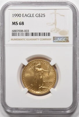 1990 $25 1/2 oz Gold Eagle NGC MS68 NG1839 - Imagem 1 de 2