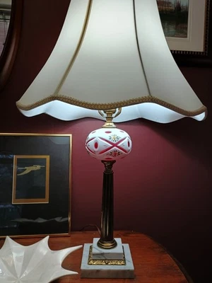 Bohemian Czech Glass Cranberry Cut to Clear Marble Brass Lamp No Shade Works! - Image 1 of 4