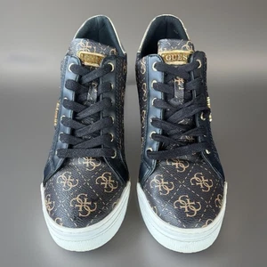 GUESS FLOWURS Wedge Size 9 Monogram Black Gold Lace Up Casual Classic Staple - Picture 1 of 16