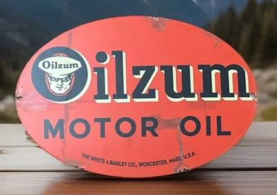 Rare 14” X 9.5” Oilzum Motor Oil Porcelain Enamel Metal Dealer Sign - Image 1 of 2