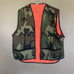 Vintage Reversible Woodland Camo Blaze Orange Hunting Vest Men's Large - Picture 1 of 6
