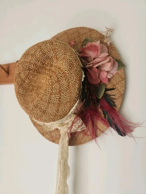 Vintage Victorian Straw Hat w/ Flowers, Feathers & Lace Bow - Image 1 of 4