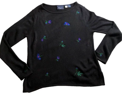 Crazy Horse Womens Sweater Sz M Black Floral Embroidered Round Neck Long Sleeve - Image 1 of 4
