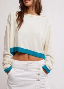 Free People Into The Blue Crop Sweater Blue Lightweight Large NWT $108 - Picture 1 of 15