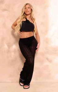 New PrettyLittleThing Black Textured Skinny Flare Pants Size 10 - Picture 1 of 4